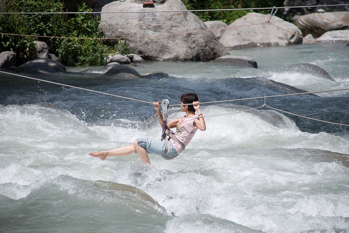 girl attempting river-crossing . Manali tourism.
