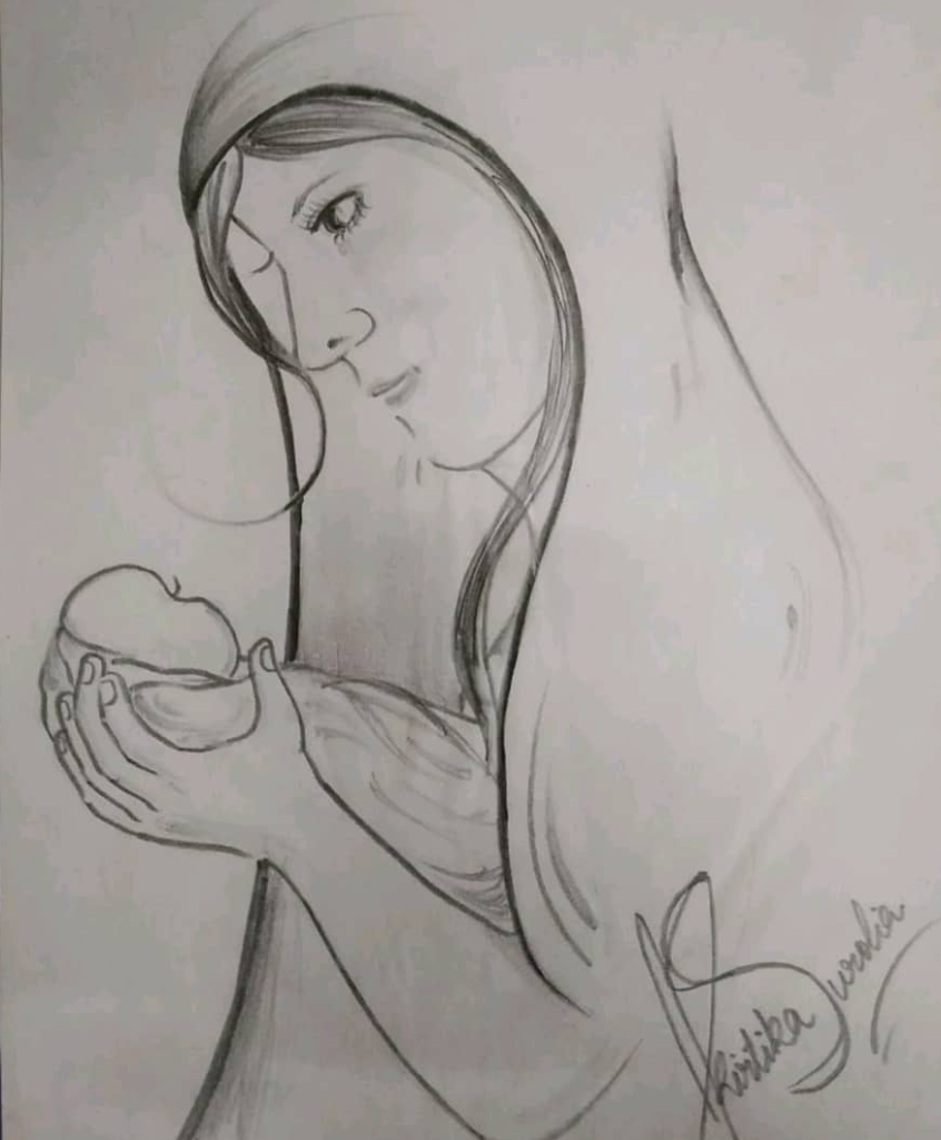sketch of woman looking at her newborn child